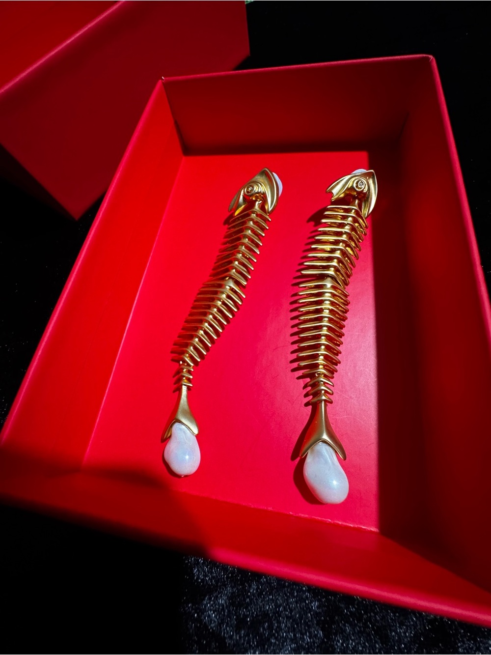 Schiaparelli inspired Gold Fishbone Drop Earrings with White Pearl Teardrops